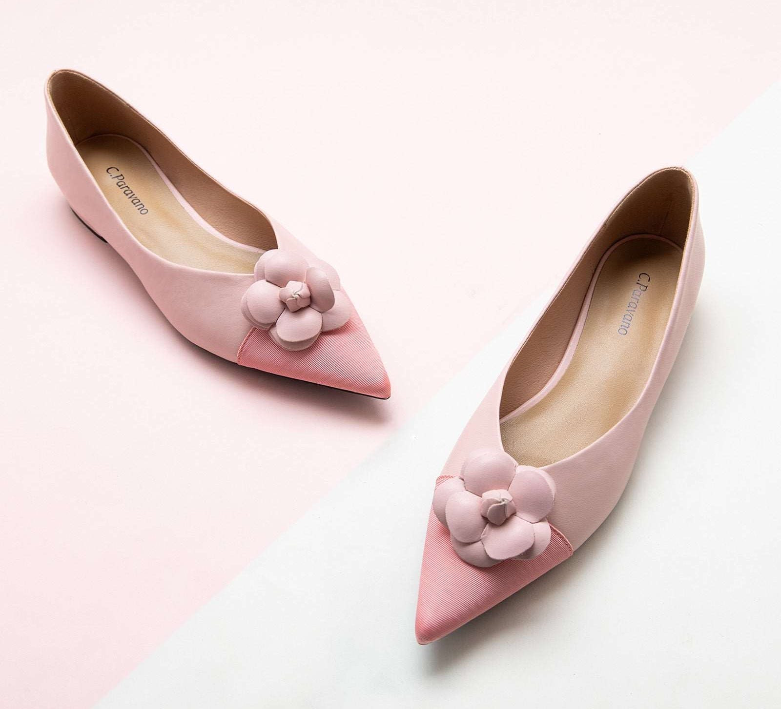 Pink Camellia Soft Leather Flats Shoes for Women