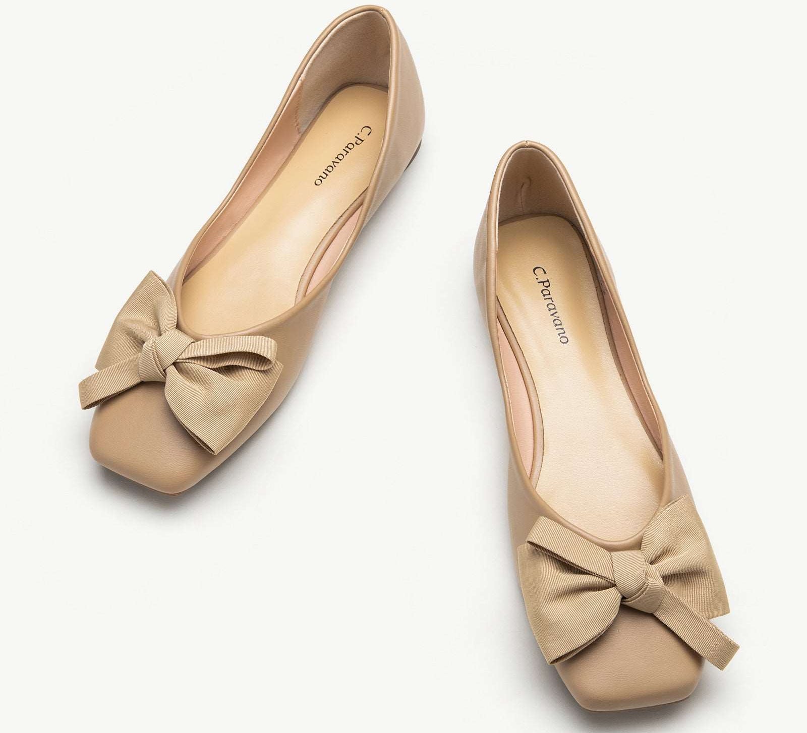 Vibrant new beige flats with a square toe and a dainty bowknot, fashioned from sumptuous soft leather for a touch of sophistication.