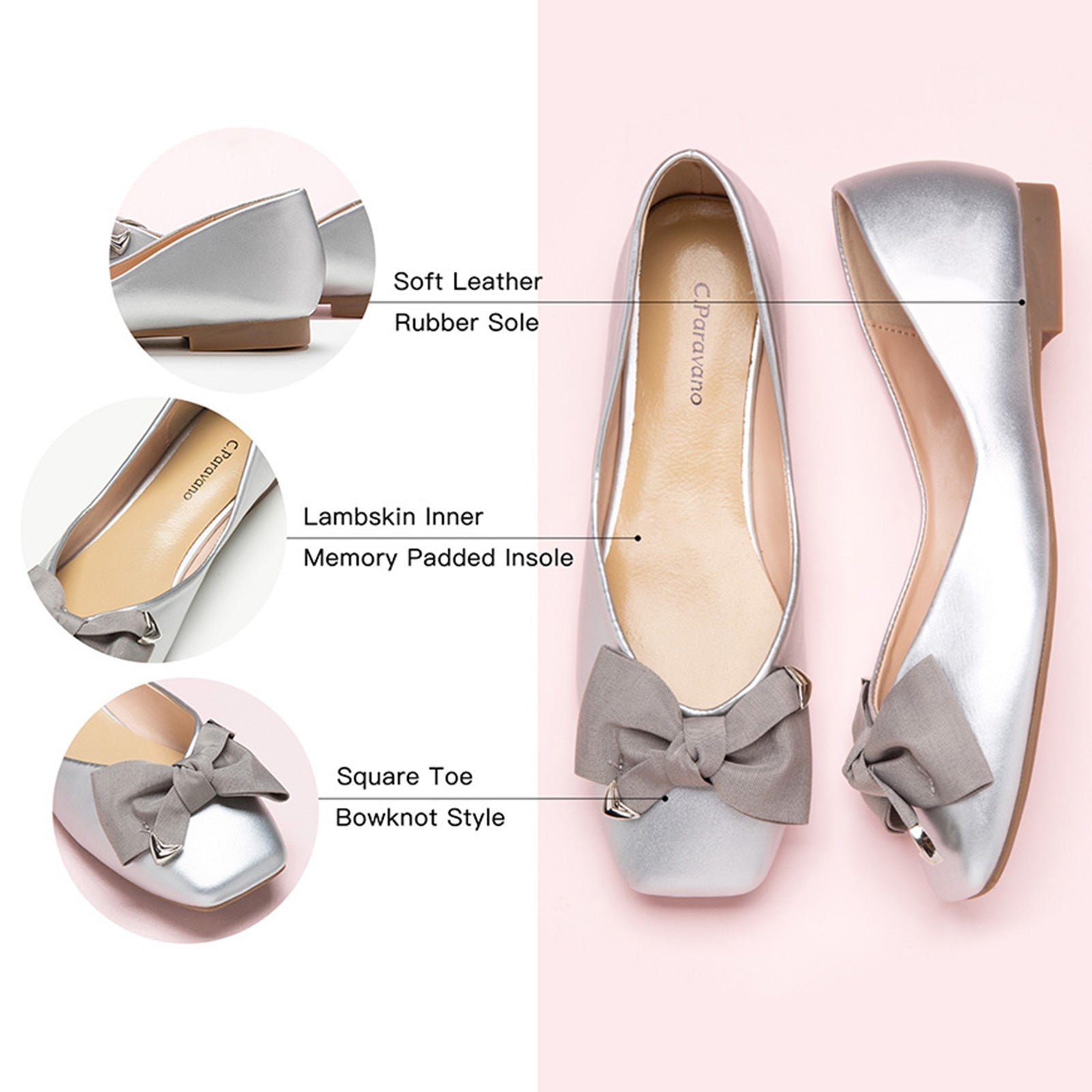 Silver Square Flats with Elegant Metal Bowknot