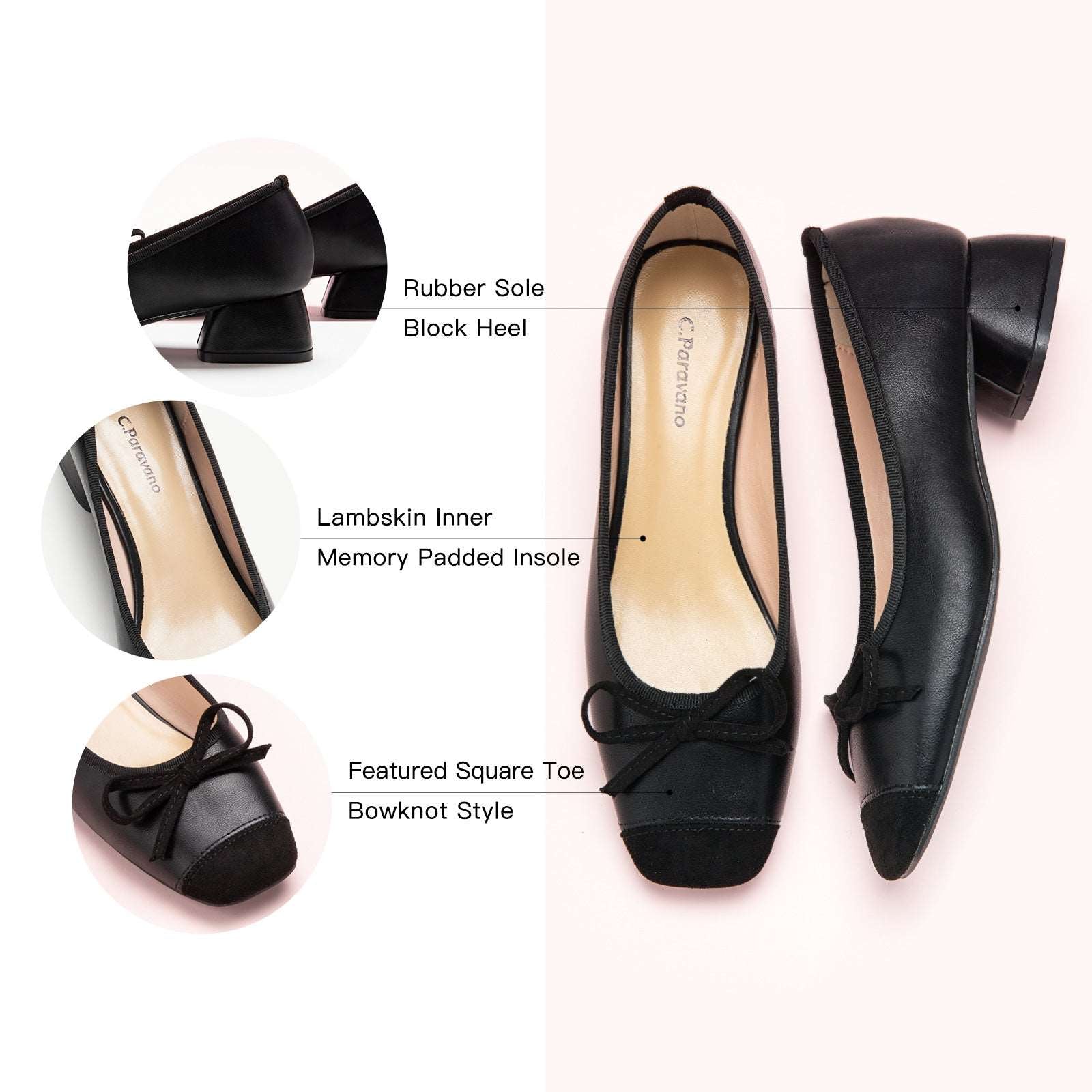 Embrace classic and versatile style with these black low heels, featuring a charming bowknot detail for a timeless look