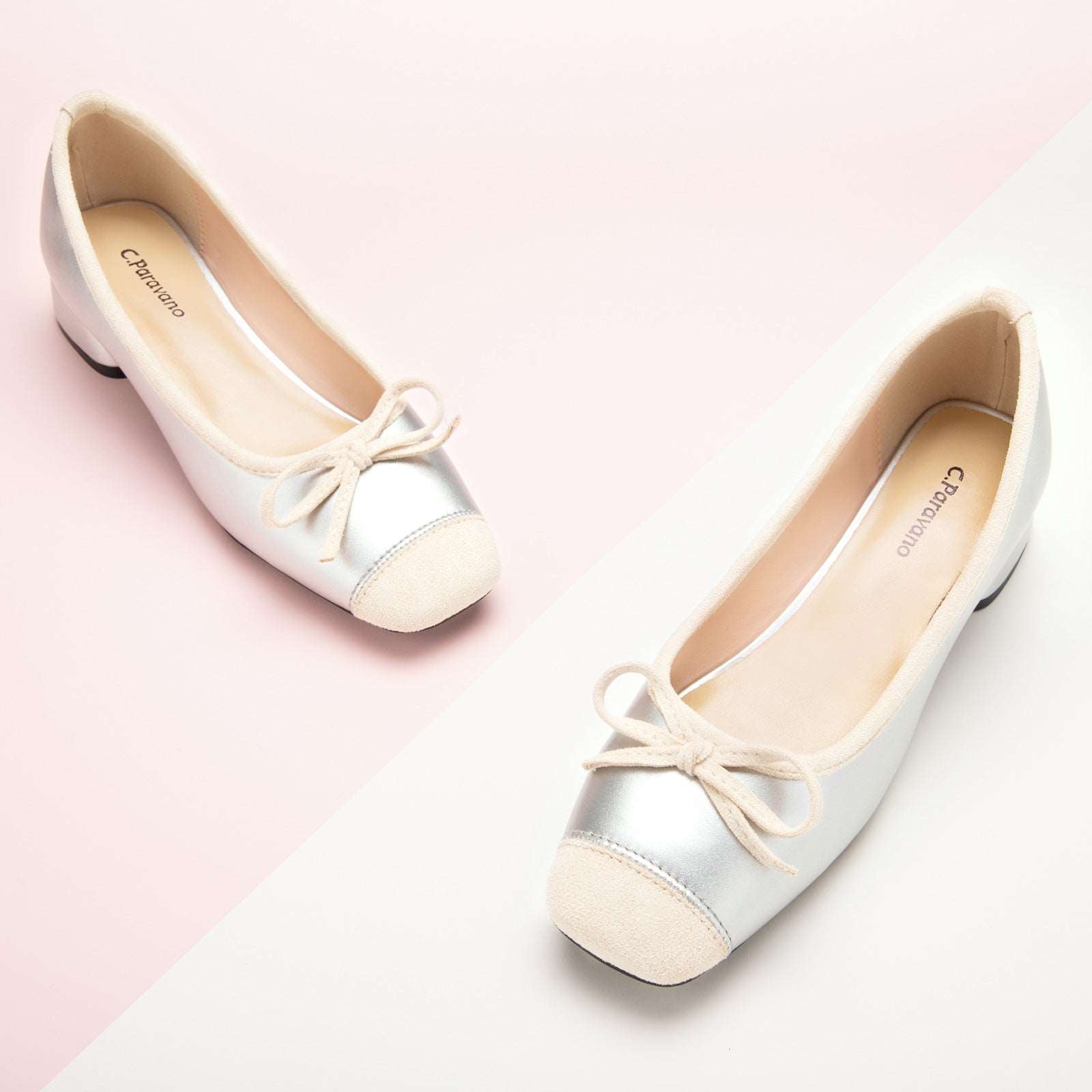 Silver Bowknot Low Heels Shoes