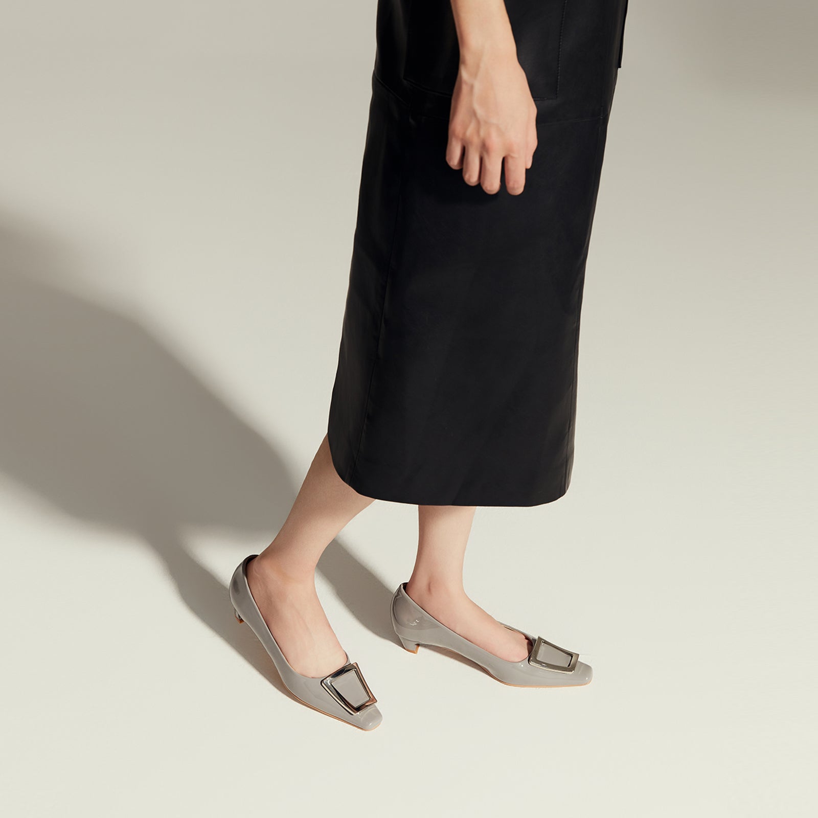 Grey Trapezoidal Buckle Low Heels, a modern and edgy choice for city living with a touch of sophistication