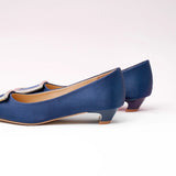 Metal Buckle Satin Low Heel (Lucia) Navy