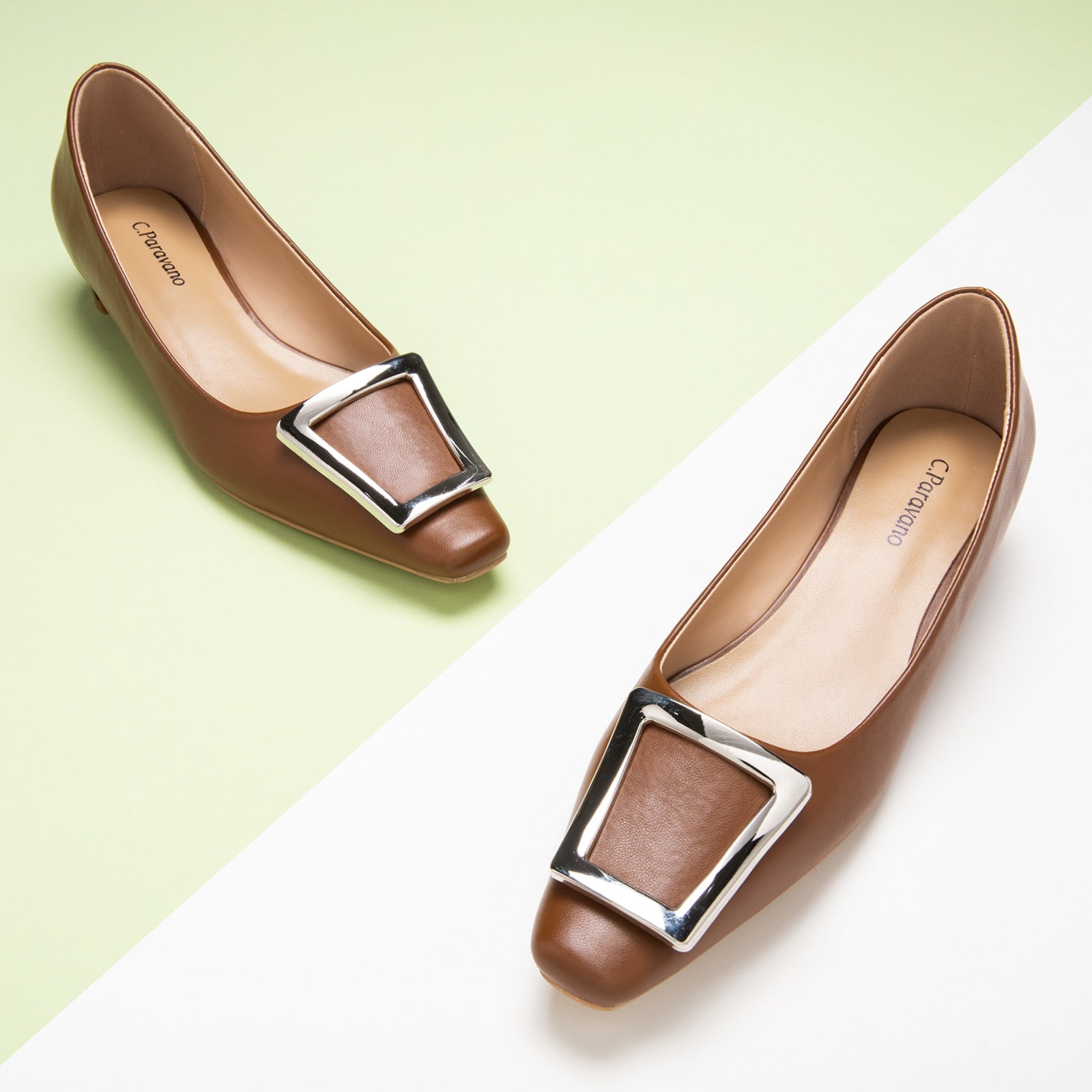 Trapezoidal Buckle Low Heels in Brown, a warm and versatile choice for adding a touch of natural charm to your ensemble