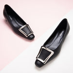 Black Trapezoidal Buckle Low Heels, perfect for city living with a touch of contemporary sophistication