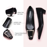 Black Trapezoidal Buckle Low Heels, a chic and minimalist choice for a contemporary and sleek ensemble