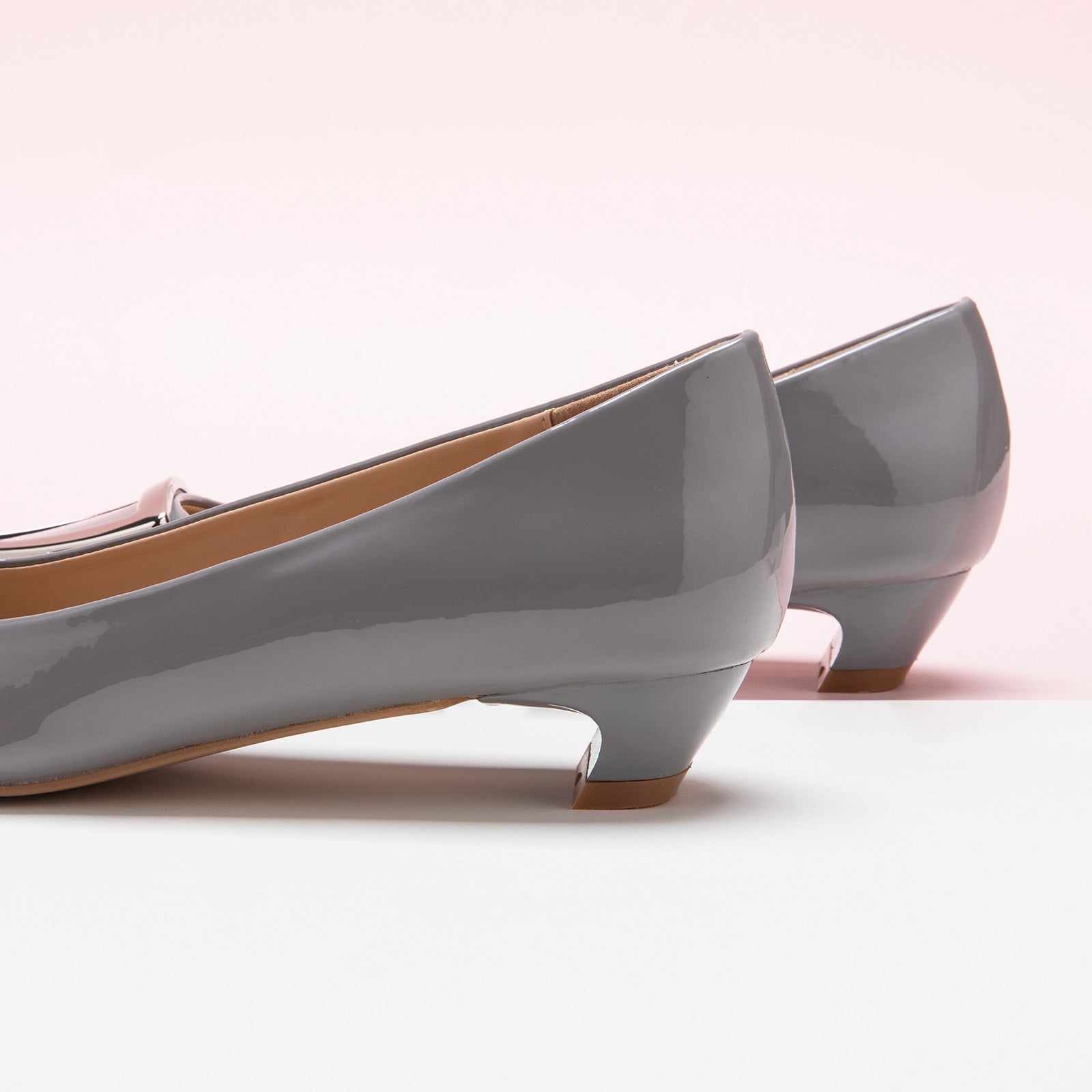 Grey Trapezoidal Buckle Low Heels, perfect for a confident and fashionable look in any urban setting