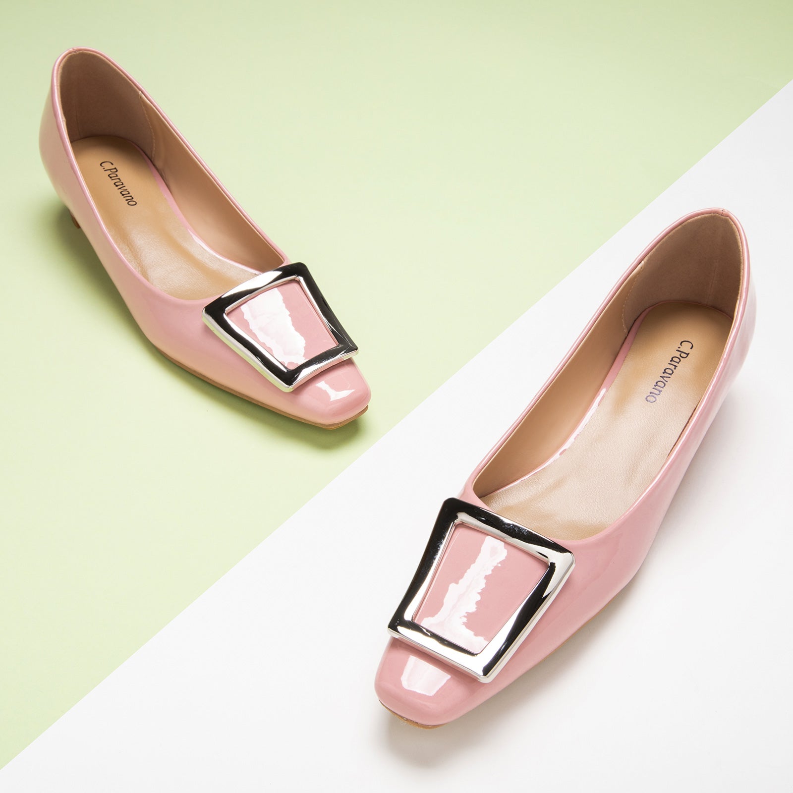 Trapezoidal Buckle Low Heels in Pink, a feminine and stylish choice for a playful and vibrant look