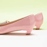 Pink Trapezoidal Buckle Low Heels, featuring delicate details for a polished and sophisticated style