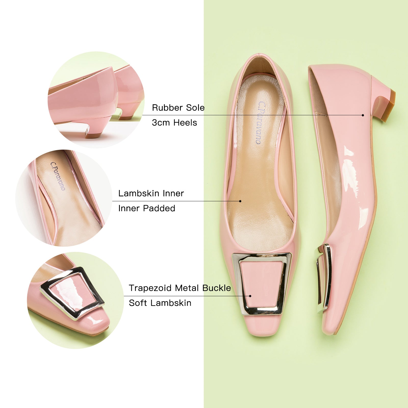 Pink Low Heels with a trapezoidal buckle, a sweet and versatile addition to your footwear collection