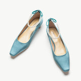 Pearl Chain Silk Low Heel (Lucia) Blue