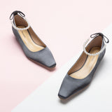 Dark Grey Silk Low Heel with Subtle Pearl Straps