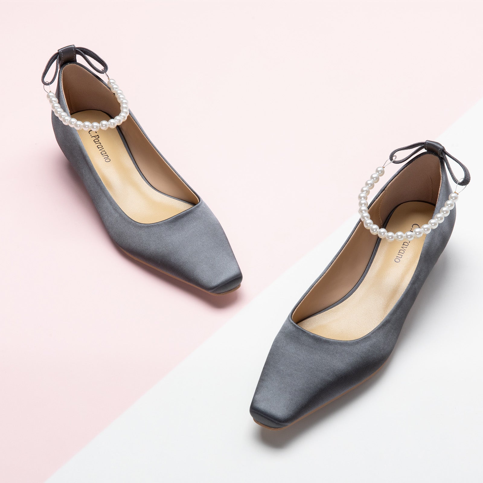 Dark Grey Silk Low Heel with Subtle Pearl Straps