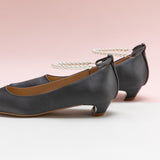 Pearl-Embellished Dark Grey Silk Low Heel