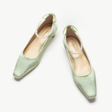 Pearl Chain Silk Low Heel (Lucia) Green