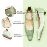 Pearl Chain Silk Low Heel (Lucia) Green