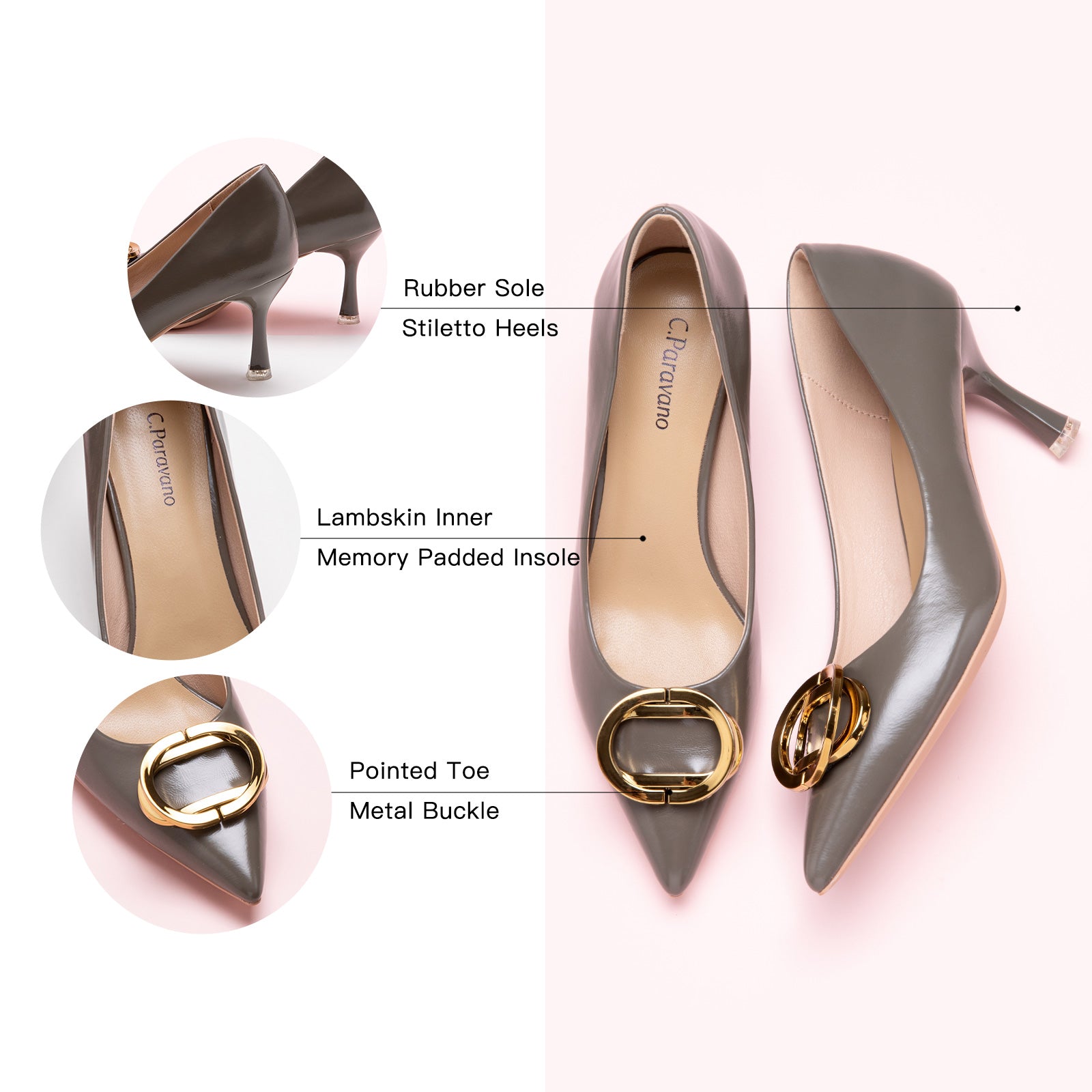 Grey Metal Buckled Women Pumps, providing a versatile and understated touch to your ensemble