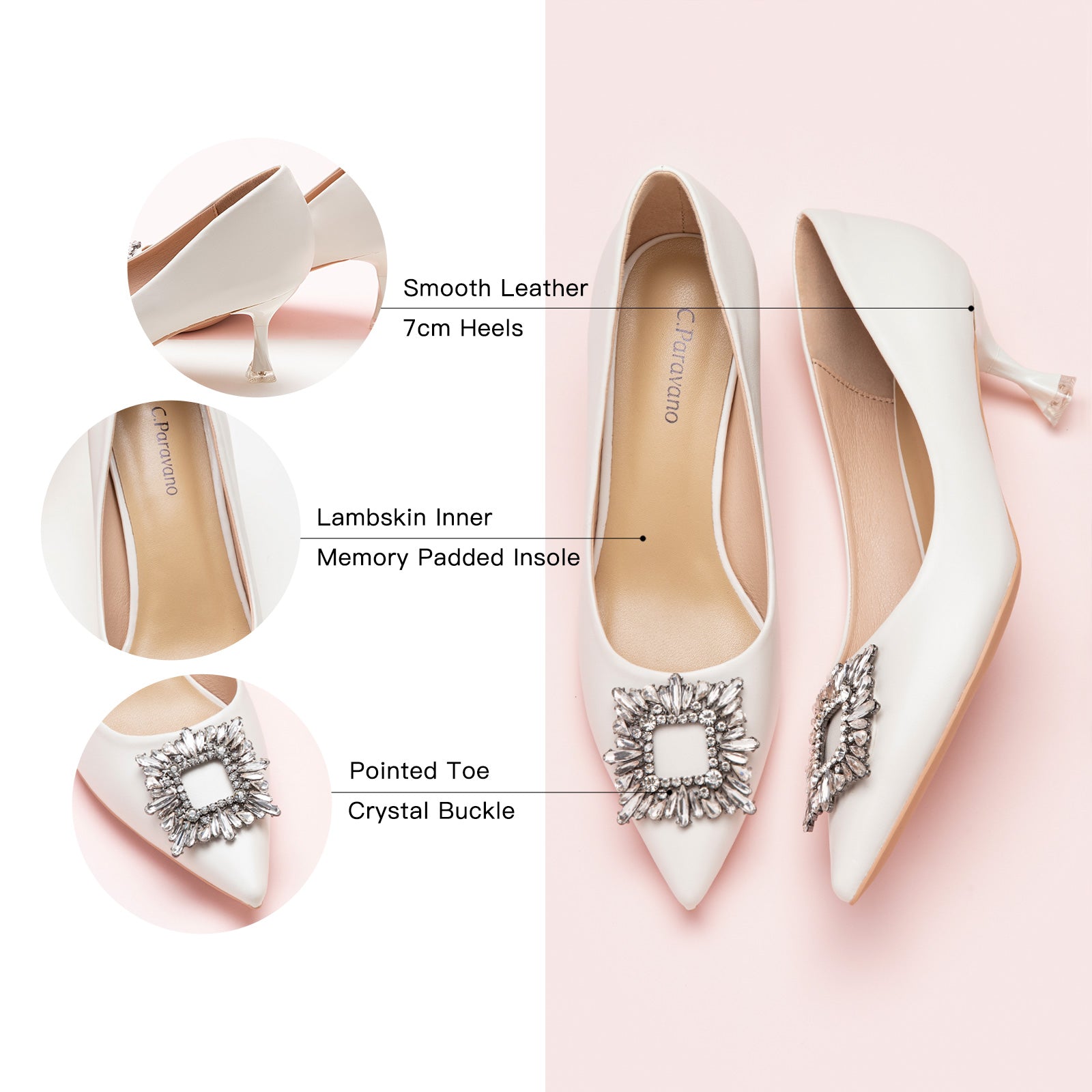 Elevate your style with these white embellished pumps adorned with sparkling crystals and a modern buckle, offering effortless elegance and a neutral fashion statement.