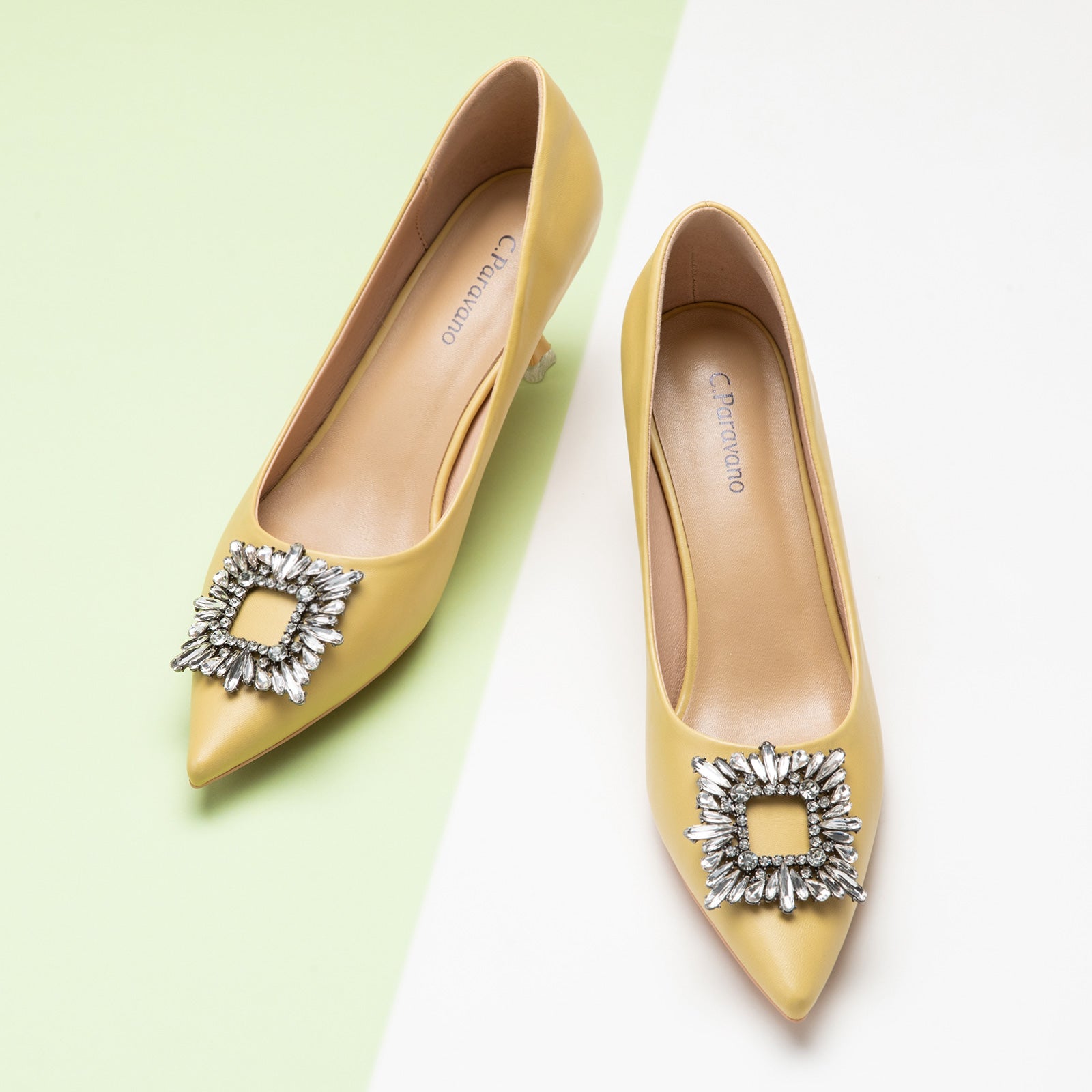 Yellow Crystal Embellished Women Buckle Pumps: Classic with a Twist