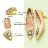 Yellow Crystal Embellished Women Buckle Pumps: Classic with a Twist.
