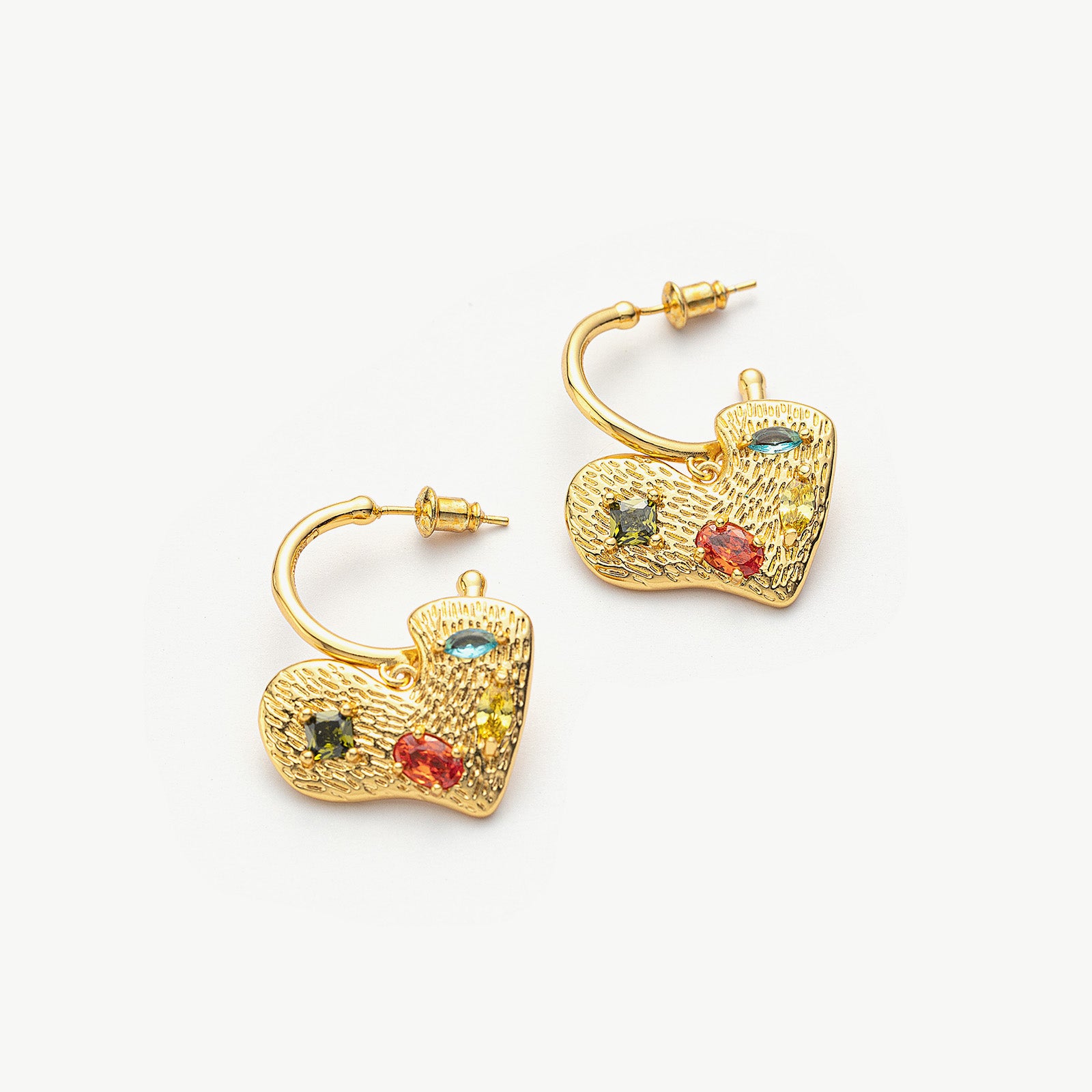 Heart Gemstone Charm Hoop Earrings, whimsically designed with colorful gemstone hearts, creating a playful and enchanting accessory