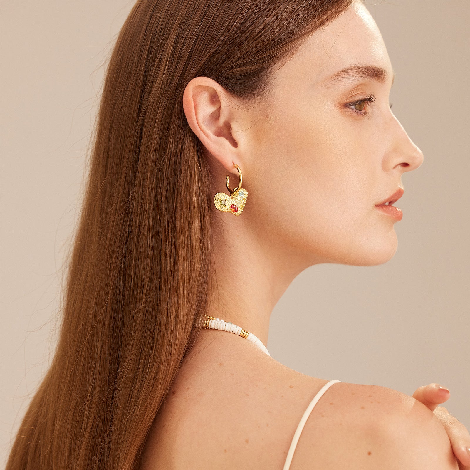 Heart Gemstone Charm Hoop Earrings, featuring vibrant gemstones in heart shapes for a burst of color and love-infused style.
