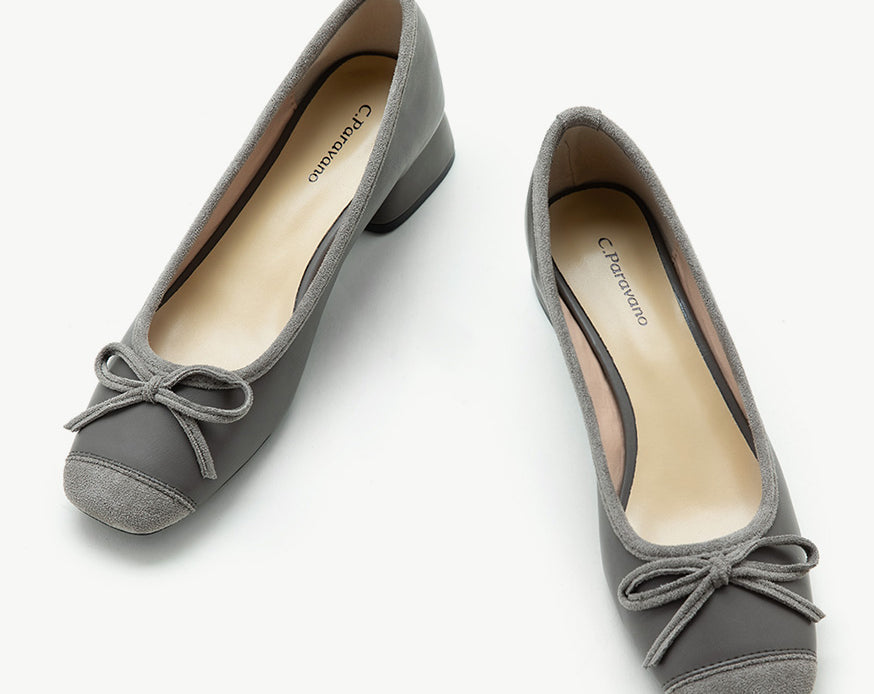 Grey Bowknot Low Heels - Versatile Women's Footwear