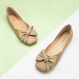 Picture of beige square flats with bowknot detail - versatile footwear.