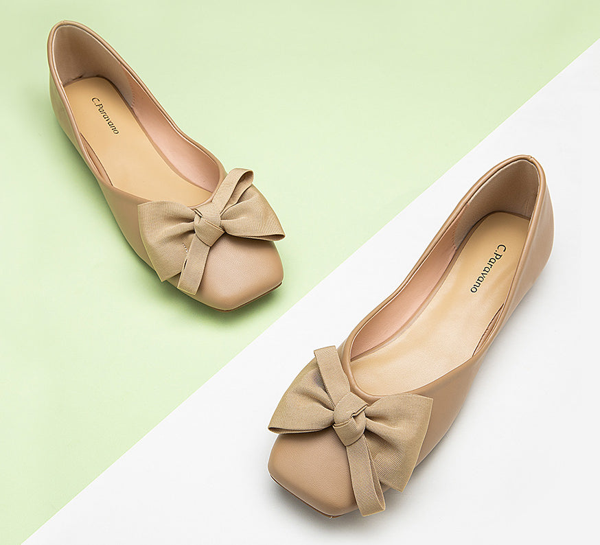 Picture of beige square flats with bowknot detail - versatile footwear.