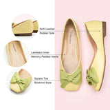 Square-toe flats in a striking yellow-green color featuring a trendy bowknot.