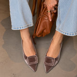 Square Buckle Velvet Flats (Aida)