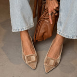 Square Buckle Velvet Flats (Aida)
