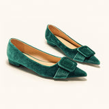 Square Buckle Velvet Flats (Aida)