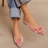 Square Buckle Velvet Flats (Aida)