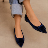 Square Buckle Velvet Flats (Aida)