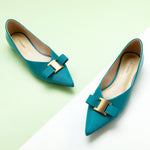 Peacock Blue Embellished Leather Flats, perfect for making a statement with every step
