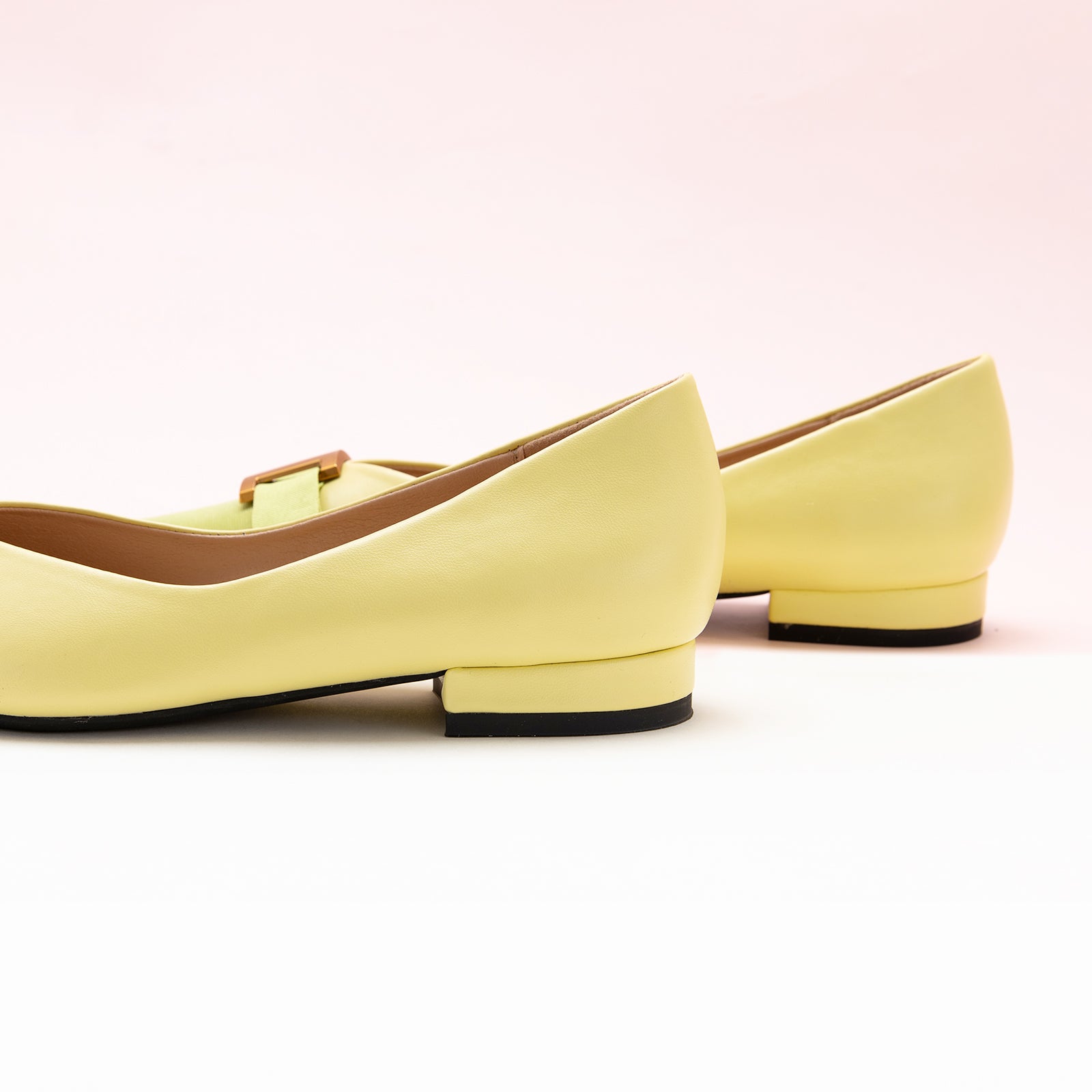 Golden Yellow Elegance: Embellished Yellow Leather Flats, featuring stylish details for a polished and radiant style