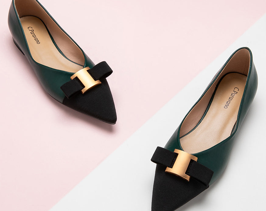 Chic and stylish dark green embellished leather flats