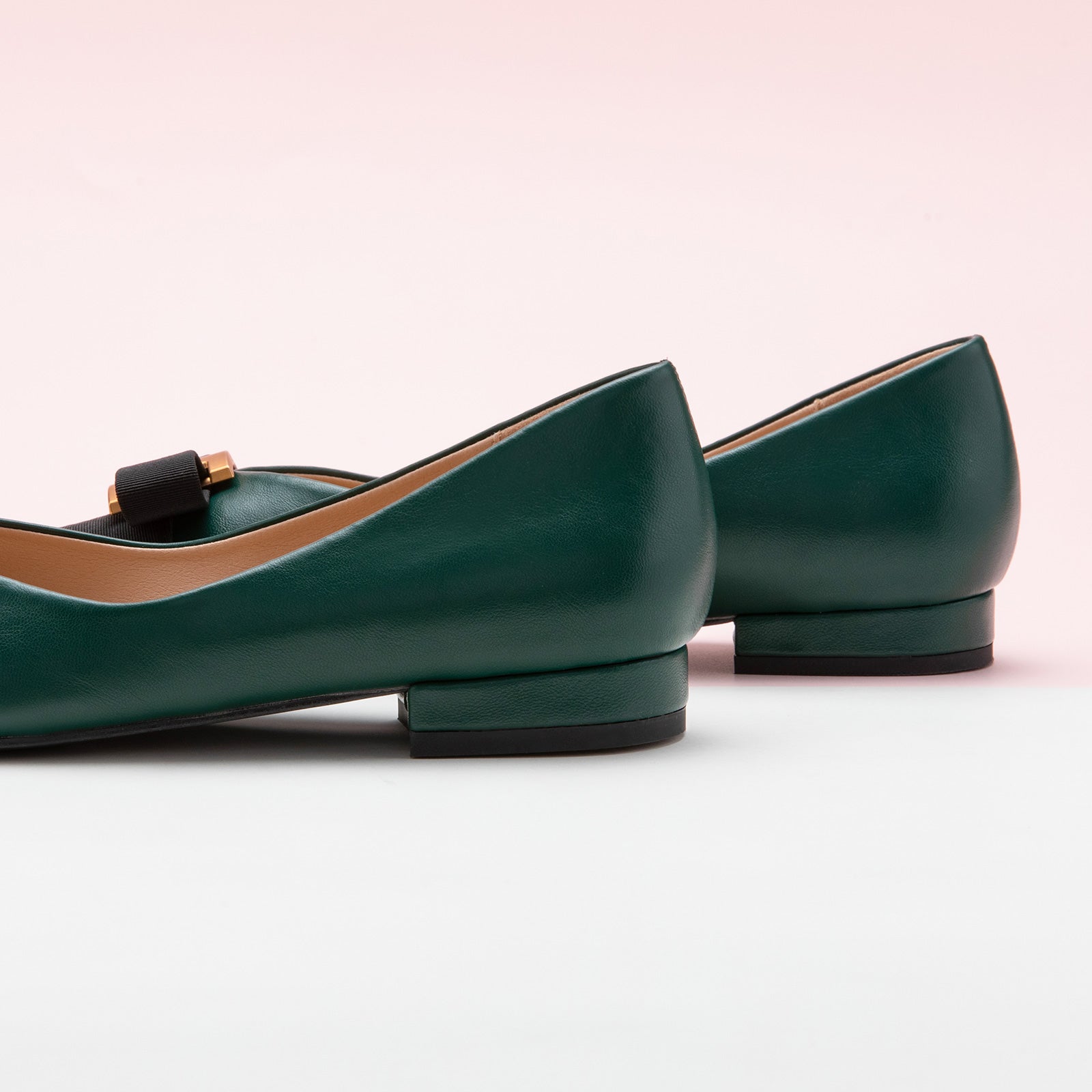Forest Elegance: Embellished Dark Green Leather Flats, featuring stylish details for a polished and trendy look.