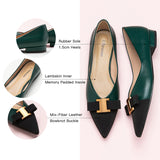 Sophisticated dark green leather flats with tasteful adornments