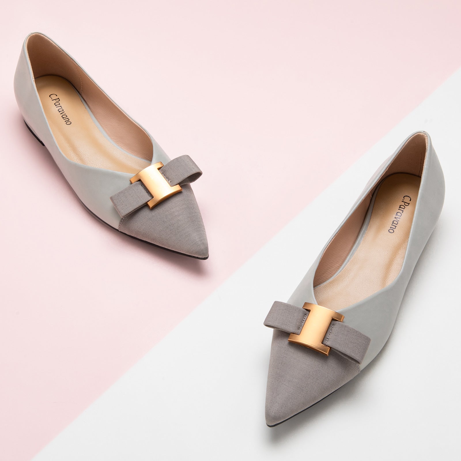 Subtle Elegance: Grey Embellished Leather Flats, a versatile and sophisticated choice for a neutral and stylish look
