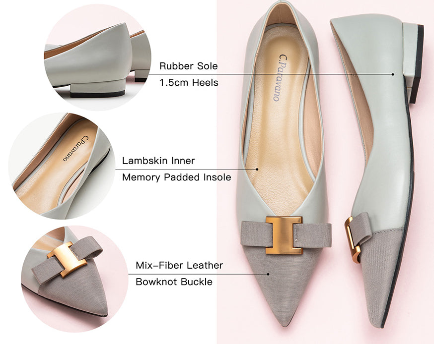 Sophisticated grey leather flats with tasteful adornments