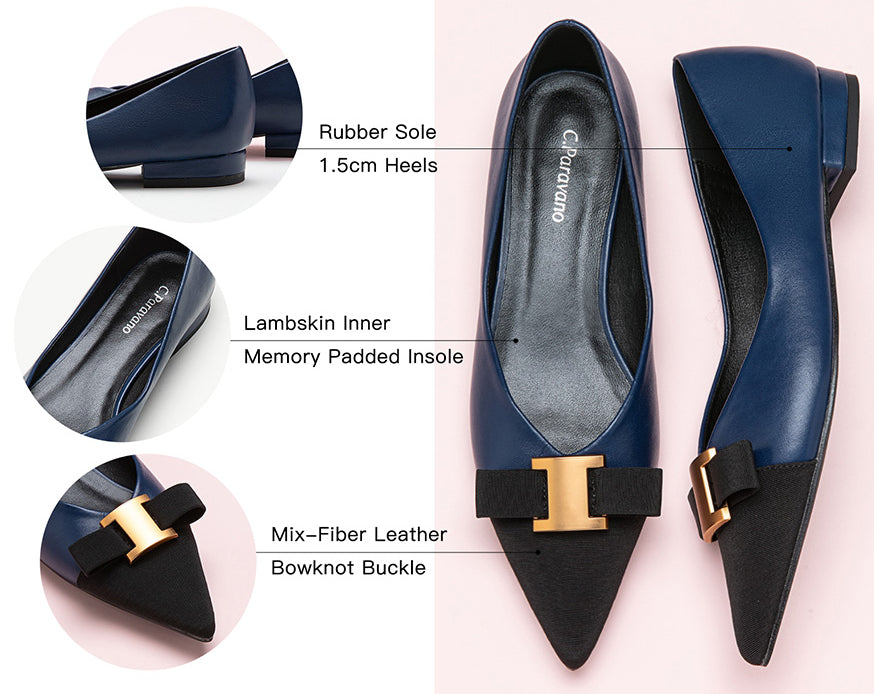 Sophisticated navy leather flats with tasteful adornments
