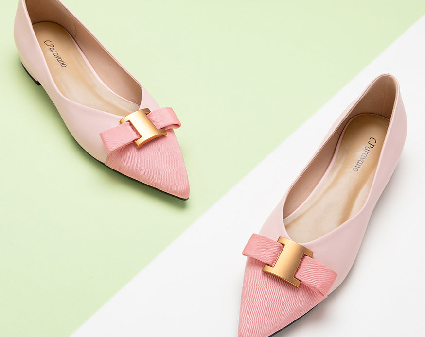 Chic and stylish pink embellished leather flats to complement your look.