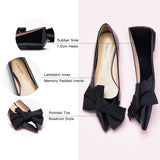 High-quality black Off-Center Flats featuring an elegant bow, perfect for a polished outfit