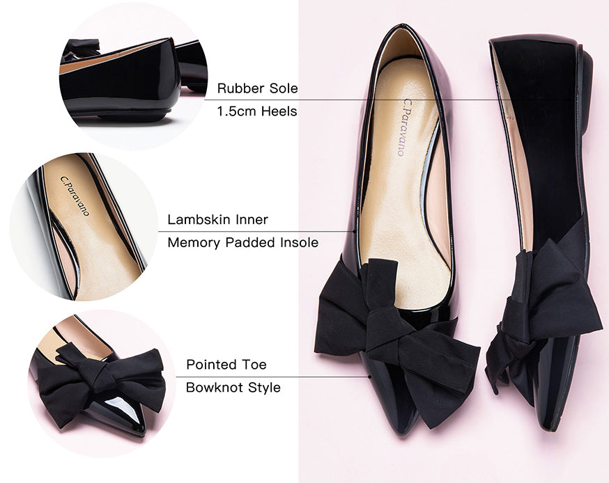 High-quality black Off-Center Flats featuring an elegant bow, perfect for a polished outfit