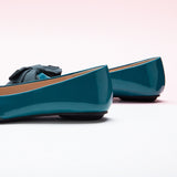 Blue Bow-Embellished Off-Center Flats: Playful Sophistication