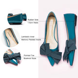High-quality blue Off-Center Flats featuring an elegant bow, perfect for a polished outfit.