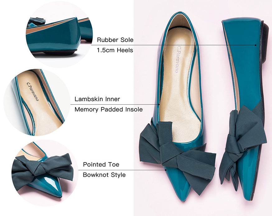 High-quality blue Off-Center Flats featuring an elegant bow, perfect for a polished outfit.