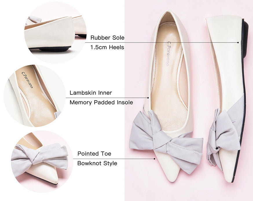 High-quality ivory Off-Center Flats featuring an elegant bow, perfect for a polished outfit
